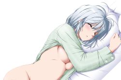 Rule 34 | 1girl, :o, accidental exposure, bed sheet, blush, bottomless, breasts, closed eyes, clothes lift, groin, konpaku youmu, lifted by self, long sleeves, lying, medium breasts, nori tamago, on side, out-of-frame censoring, pajamas, parted lips, pillow, short hair, silver hair, simple background, sleeping, solo, touhou, underboob, white background
