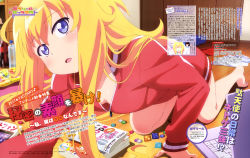 Rule 34 | 10s, 1girl, :o, absurdres, all fours, barefoot, blonde hair, blue eyes, blush, breasts, computer, copyright name, downblouse, feet, gabriel dropout, gabriel tenma white, highres, jacket, laptop, long hair, long sleeves, looking at viewer, magazine (object), magazine scan, messy hair, messy room, no bra, no pants, official art, open mouth, promotional art, scan, small breasts, solo, text focus, track jacket, watanabe mai