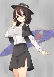 Rule 34 | 1girl, black skirt, bow, breasts, cowboy shot, fellatio gesture, from below, gap (touhou), grey background, hat, high-waist skirt, hip vent, large breasts, long sleeves, open mouth, shirt, simple background, skirt, solo, thighs, tongue, tongue out, touhou, underboob, usami renko, user cwdv2523, white shirt