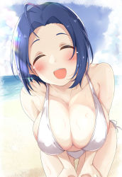 Rule 34 | 1girl, :d, ^ ^, ahoge, bare arms, bare shoulders, beach, bikini, blue hair, blue sky, blush, breasts, cleavage, closed eyes, cloud, collarbone, commentary request, cowboy shot, day, facing viewer, gluteal fold, hands on own thighs, hitotsuki nanoka, horizon, idolmaster, idolmaster (classic), large breasts, leaning forward, lens flare, miura azusa, ocean, open mouth, outdoors, parted bangs, short hair, side-tie bikini bottom, sky, smile, solo, standing, swimsuit, teeth, thigh gap, upper teeth only, water drop, wet, white bikini