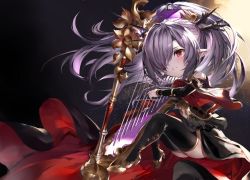 Rule 34 | 1girl, bare shoulders, black thighhighs, breasts, granblue fantasy, hair ornament, harp, harvin, high heels, highres, instrument, light purple hair, niyon (granblue fantasy), one eye covered, parted lips, pointy ears, red eyes, sky, small breasts, solo, soraneko hino, star (sky), starry sky, thighhighs, thighs