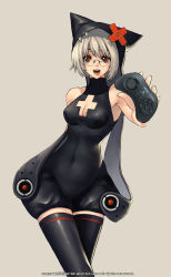 Rule 34 | 1girl, arm behind back, bare shoulders, black thighhighs, breasts, brown eyes, cleavage, cleavage cutout, clothing cutout, controller, crossed legs, game console, game controller, gamepad, glasses, grey hair, hat, kkuem, navel, open mouth, sega, sega saturn, short hair, simple background, skin tight, solo, sony, standing, thighhighs