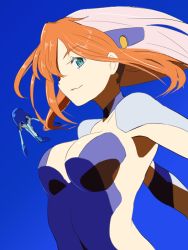 Rule 34 | 1girl, birdy cephon altera, blue eyes, breasts, closed mouth, long hair, looking at viewer, medium breasts, orange hair, simple background, smile, solo, tetsuwan birdy, tetsuwan birdy decode, tuto, upper body