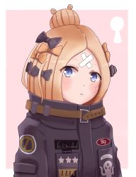 Rule 34 | 1girl, :&lt;, abigail williams (fate), abigail williams (traveling outfit) (fate), black bow, black jacket, blonde hair, blue eyes, blush, bow, closed mouth, commentary request, crossed bandaids, fate/grand order, fate (series), hair bow, hair bun, head tilt, highres, jacket, keyhole, long hair, looking at viewer, official alternate costume, orange bow, parted bangs, pink background, polka dot, polka dot bow, single hair bun, solo, two-tone background, white background, yu yang