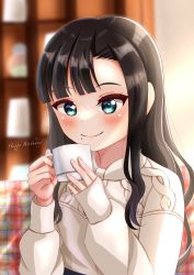 Rule 34 | 1girl, artist name, artist request, black hair, blurry, blurry background, close-up, cup, dress, earrings, female focus, gem, green eyes, hair over shoulder, highres, holding, holding cup, jewelry, kurosawa dia, light brown sweater, long hair, long sleeves, looking at viewer, love live!, love live! school idol festival, love live! school idol festival all stars, love live! sunshine!!, mole, mole under mouth, nail, nail polish, necklace, pearl (gemstone), pearl necklace, pink nails, red ribbon, ribbon, solo, sweater, upper body, white sweater