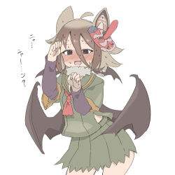 Rule 34 | 1girl, @ @, animal ears, bat ears, bat girl, bat wings, blue eyes, blush, brown hair, commentary request, cowboy shot, fangs, fur collar, green shirt, green skirt, grey hair, hair between eyes, highres, hilgendorf&#039;s tube-nose bat (kemono friends), kemono friends, long sleeves, mask, mask on head, multicolored hair, necktie, nose blush, open mouth, paw pose, pleated skirt, red necktie, sailor collar, school uniform, serafuku, shirt, short hair, short sleeves, skirt, solo, sweatdrop, t-shirt, tengu mask, torn clothes, tosake6, translation request, white fur, wings