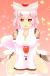 Rule 34 | 1girl, animal ears, bad id, bad pixiv id, blush, breasts, cleavage, collarbone, detached sleeves, female focus, hat, inubashiri momiji, kourindou tengu costume, large breasts, looking at viewer, marusan, open mouth, red eyes, short hair, silver hair, sitting, solo, tail, tokin hat, touhou, wolf ears, wolf tail