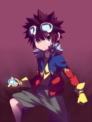 Rule 34 | 1boy, digimon, digivice, gloves, goggles, goggles on head, jacket, looking at viewer, male focus, motomiya daisuke, solo