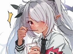 Rule 34 | 1girl, ^^^, armband, black necktie, black ribbon, blue archive, brown eyes, collared shirt, cup, dark-skinned female, dark skin, eating, food, food on face, gradient eyes, grey hair, hair over one eye, hair ribbon, halo, hato haru, holding, holding cup, holding spoon, iori (blue archive), light blush, long sleeves, looking at viewer, multicolored eyes, necktie, orange eyes, pointy ears, portrait, ribbon, shirt, sidelocks, simple background, sketch, solo, spoon, surprised, swept bangs, twintails, white background, white shirt