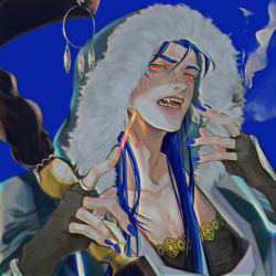 Rule 34 | 1boy, ansuz, bad id, bad pixiv id, blue background, blue hair, bright pupils, cigarette, collarbone, cu chulainn (caster) (fate), cu chulainn (fate), cu chulainn (fate/stay night), fang, fate/grand order, fate (series), fur, fur-trimmed hood, fur trim, highres, hood, hood up, long hair, looking at viewer, male focus, nail polish, open mouth, pointing, red eyes, runes, sharp teeth, simple background, smoke, smoking, solo, staff, teeth, tensei (thscjstod), type-moon, white background, white pupils