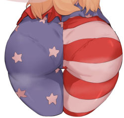 Rule 34 | 1girl, american flag, american flag legwear, american flag print, ass, ass focus, bad id, bad pixiv id, blonde hair, cameltoe, clownpiece, fairy wings, flag print, pants, pantyhose, pantylines, shirt, simple background, solo, soya6479, steaming body, thigh gap, thighs, tight clothes, tight pants, touhou, underwear, underwear visible under pants, white background, wings