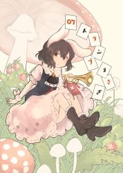 Rule 34 | 1girl, absurdres, animal ears, ascot, bad id, bad pixiv id, black vest, boots, brown footwear, brown hair, dress, full body, grass, highres, inaba tewi, looking at viewer, mushroom, parted lips, pink dress, puffy short sleeves, puffy sleeves, rabbit ears, red eyes, short sleeves, solo, touhou, tsukiori, vest