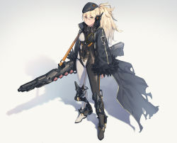 Rule 34 | 1girl, armor, arms at sides, beret, black feathers, black hat, black jacket, blonde hair, bodysuit, breasts, ddal, emblem, eyebrows, feather-trimmed sleeves, feathers, full body, grey background, gun, hair between eyes, hat, highres, jacket, legs, long hair, long sleeves, medium breasts, open clothes, open jacket, original, over shoulder, ponytail, rifle, shadow, simple background, skin tight, sniper rifle, solo, standing, weapon, yellow eyes