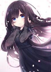 Rule 34 | 1girl, ao no neko, black hair, blue eyes, blush, dress, floating hair, floral print, hands on own cheeks, hands on own face, highres, lace sleeves, light smile, long hair, looking at viewer, original, petals, ribbon, solo, wrist ribbon