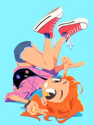 Rule 34 | 1girl, black bag, blue background, blue socks, bracelet, chain, chain necklace, converse, denim, denim shorts, fanny pack, full body, grin, high ponytail, highres, jewelry, knees together feet apart, legs up, looking at viewer, lying, necklace, on back, orange eyes, orange hair, original, pink shirt, pointing, red footwear, shirt, shorts, smile, socks, solo, takarai shunsuke, upside-down, yellow nails