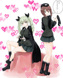 Rule 34 | 2girls, aged up, alternate costume, anchovy (girls und panzer), bad id, bad twitter id, black cape, black footwear, black jacket, black neckwear, black ribbon, black skirt, boots, brown eyes, brown hair, cape, closed mouth, commentary, cross-laced footwear, dress shirt, drill hair, eno (mauritz stiller), girls und panzer, green hair, grey legwear, hair ribbon, hat, unworn hat, unworn headwear, heart, heart background, highres, holding, holding clothes, holding hat, holding ladle, jacket, lace-up boots, ladle, long hair, long sleeves, looking at another, looking at viewer, looking back, military, military uniform, miniskirt, multiple girls, necktie, nishizumi maho, open mouth, pleated skirt, red eyes, ribbon, selection university military uniform, shirt, short hair, sitting, skirt, smile, socks, standing, translated, twin drills, twintails, uniform, white shirt