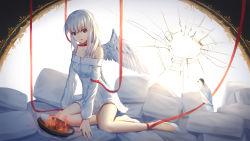 Rule 34 | 1girl, animal, arm support, bare shoulders, bird, blue eyes, collarbone, commentary request, crack, cracked glass, cracked window, dress, feathered wings, fingernails, fire, head tilt, highres, ji dao ji, long hair, long sleeves, looking at viewer, original, parted lips, red ribbon, ribbon, shoes, solo, strapless, strapless dress, very long hair, white dress, white footwear, white wings, wings