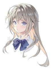 Rule 34 | 1girl, artist name, banned artist, blue bow, blue bowtie, bow, bowtie, cropped shoulders, grey hair, highres, long hair, looking at viewer, midori foo, original, parted lips, portrait, purple eyes, shirt, simple background, solo, white background, white shirt