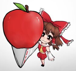 Rule 34 | 1girl, :3, apple, ascot, bow, brown eyes, brown hair, commentary, deily, detached sleeves, english commentary, food, from above, fruit, full body, hair bow, hair tubes, hakurei reimu, highres, holding, holding food, looking at viewer, meme, perspective, shirt, skirt, sleeveless, sleeveless shirt, smile, solo, touhou