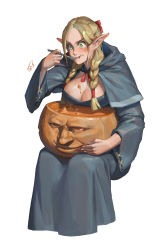 Rule 34 | 1girl, absurdres, blonde hair, braid, breasts, capelet, chen zhang, cleavage, dungeon meshi, eating, elf, food, food on body, food on breasts, food on face, fruit cup, green eyes, hair ribbon, highres, holding, holding food, hood, hooded capelet, jack-o&#039;-lantern, large breasts, large nose, looking up, marcille donato, pointy ears, pumpkin, red ribbon, ribbon, robe, simple background, sitting, smile, solo, spoon, twin braids, twintails, white background