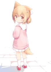 Rule 34 | 1girl, absurdres, animal ear fluff, animal ears, blush, bow, brown eyes, closed mouth, commentary request, full body, hair between eyes, hair bow, highres, jacket, light brown hair, looking at viewer, looking back, nakkar, original, pink jacket, pleated skirt, red footwear, sailor collar, shoes, skirt, smile, socks, solo, standing, tail, white background, white bow, white sailor collar, white skirt, white socks
