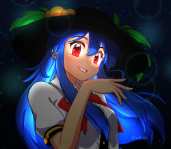 Rule 34 | 1girl, black headwear, blue hair, bow, bowtie, center frills, collared shirt, commentary, frills, glowing, glowing eyes, grin, happy, hat, highres, hinanawi tenshi, long hair, peach hat ornament, puffy short sleeves, puffy sleeves, rakkidei, red bow, red bowtie, red eyes, shirt, short sleeves, sidelocks, smile, sun hat, touhou, upper body, white shirt