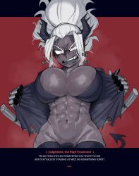 Rule 34 | 1girl, angry, blush, breasts, clothes grab, colored skin, english text, female focus, gloves, grabbing, grey skin, helltaker, highres, huge breasts, judgement (helltaker), krekkov, long hair, muscular, muscular female, open mouth, over shoulder, ponytail, solo, sword, tonfa, weapon, weapon over shoulder, wet, white hair