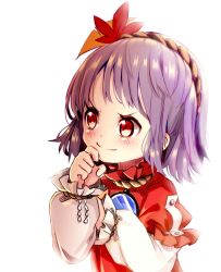 Rule 34 | 1girl, aged down, blush, commentary request, ginkgo leaf, hair ornament, hand up, highres, leaf, leaf hair ornament, long sleeves, mirror, purple hair, red eyes, red shirt, shirt, short hair, simple background, smile, solo, tatuhiro, touhou, upper body, white background, white shirt, yasaka kanako