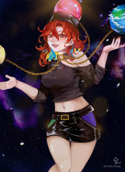 Rule 34 | 1girl, adapted costume, artist name, breasts, chain, choker, commentary request, cowboy shot, earrings, earth (ornament), hecatia lapislazuli, highres, hoshiringo0902, jewelry, miniskirt, moon (ornament), multicolored hair, nail polish, navel, open mouth, red eyes, red hair, signature, single bare shoulder, skirt, smile, solo, space, stud earrings, thigh gap, touhou