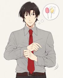 Rule 34 | 10s, 1boy, adjusting clothes, bad id, bad pixiv id, belt, black hair, boku dake ga inai machi, brown belt, candy, dress shirt, flat color, food, grey background, lollipop, looking to the side, male focus, necktie, red eyes, red necktie, sasakura34, shirt, simple background, solo, spoilers, spoken food, standing, thinking, thought bubble, yashiro gaku