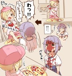 Rule 34 | +++, 2girls, :d, apron, arrow (symbol), baseball cap, blonde hair, blue skirt, blush, bottle, brown eyes, closed eyes, closed mouth, collared shirt, commentary request, covering mouth, fang, food, food on clothes, food on face, grey hair, hair flaps, hair intakes, hair ornament, hair over one eye, hairclip, hat, holding, holding bottle, idolmaster, idolmaster cinderella girls, koshimizu sachiko, multiple girls, open mouth, pink apron, pink headwear, puffy short sleeves, puffy sleeves, shirasaka koume, shirt, short sleeves, skirt, smile, squirting liquid, striped, striped shirt, surprised, translation request, waist apron, white shirt, yukie (kusaka shi)