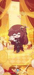 Rule 34 | 1girl, :d, balloon, blush, brown hair, cake, chibi, chinese commentary, closed eyes, eden (honkai impact), english text, flower, food, gift, highres, holding, holding cake, holding food, honkai (series), honkai impact 3rd, instrument, leggings, long hair, music, musical note, official art, official wallpaper, open mouth, piano, red flower, red rose, rose, singing, smile, solo, stage, stage curtains, star (symbol), star balloon, yellow theme