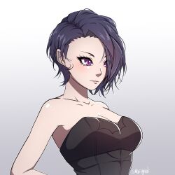 Rule 34 | 1girl, bare shoulders, black shirt, breasts, cleavage, commentary request, fire emblem, fire emblem: three houses, gradient background, grey background, highres, large breasts, nintendo, purple eyes, purple hair, shamir nevrand, shirt, short hair, smkittykat, solo, strapless, strapless shirt, upper body