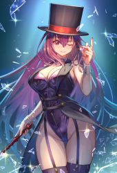 Rule 34 | 1girl, adapted costume, breasts, broken glass, cleavage, fate/grand order, fate (series), garter straps, glass, hat, highres, holding, holding wand, large breasts, leotard, long hair, looking at viewer, one eye closed, purple hair, purple leotard, red eyes, revision, sakumichi, scathach (fate), scathach (fate), breaking, solo, thighhighs, top hat, very long hair, vest, wand, wrist cuffs