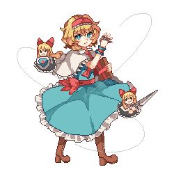Rule 34 | 1girl, alice margatroid, blonde hair, blue dress, blue eyes, book, boots, brown footwear, capelet, closed mouth, dress, full body, hairband, hui mi (hennji echo), lolita hairband, pixel art, red hairband, shanghai doll, shield, short hair, simple background, solo, standing, sword, touhou, weapon, white background, white capelet, wrist cuffs