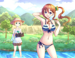 Rule 34 | 2girls, bikini, blonde hair, blue eyes, breasts, brown hair, casual, cleavage, day, front-tie top, green eyes, halterneck, hat, highres, holding, holding clothes, long hair, looking at viewer, medium breasts, mu ying rong, multiple girls, open mouth, original, side-tie bikini bottom, side ponytail, smile, string bikini, striped bikini, striped clothes, suikakitsu shiro, sun hat, swimsuit, wading, xia you qing