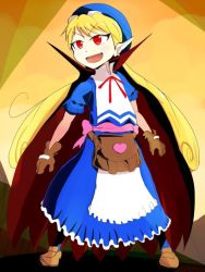 Rule 34 | 1girl, apron, bag, blonde hair, blue hat, brown bag, cape, curly hair, dress, fang, gloves, goggles, goggles on head, hat, long hair, marivel armitage, open mouth, pointy ears, red eyes, ribbon, smile, solo, wild arms, wild arms 2