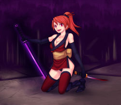 Rule 34 | 1990s (style), 1girl, breasts, cleavage, dark persona, final fantasy, final fantasy iii, kuroitsuki, ninja, ponytail, red eyes, red hair, refia, solo, sword, thighhighs, weapon