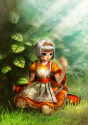 Rule 34 | 1girl, blunt bangs, blush, bob cut, bow, commentary, doll, doll joints, dress, fantasy, glowing, grass, green eyes, haguruma rapt, hairband, hand up, highres, joints, lace, lace-trimmed dress, lace trim, leaf, light particles, light rays, livee, looking to the side, mary janes, mini person, minigirl, open mouth, original, plant, puffy sleeves, red dress, shoes, short hair, silver hair, sitting, solo, surprised, wariza