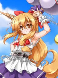 Rule 34 | 1girl, :3, armpits, belt, bow, bracelet, brown hair, chain, cloud, day, fang, female focus, from side, gourd, hair bow, hair tubes, hand on own hip, horns, ibuki suika, jewelry, long hair, looking at viewer, low-tied long hair, orange eyes, orange hair, ponytail, ribbon, roura, skirt, sky, sleeveless, smile, solo, touhou, very long hair
