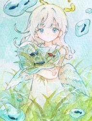 Rule 34 | 1girl, absurdres, angel, angel wings, blue eyes, dress, expressionless, fish, grass, halo, highres, long hair, looking at viewer, original, painting (medium), solo, surreal, tall grass, tetora u u, traditional media, water, watercolor (medium), white dress, white hair, wings