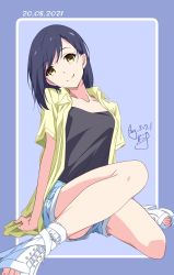Rule 34 | 1girl, arm support, black camisole, blue hair, brown eyes, camisole, closed mouth, collarbone, collared shirt, dated, denim, denim shorts, head tilt, high heels, highres, looking at viewer, medium hair, nii manabu, original, purple background, shirt, short sleeves, shorts, signature, sitting, smile, solo, spread legs, toes, white footwear, yellow shirt