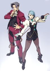 Rule 34 | 1boy, 1girl, absurdres, ace attorney, ascot, black gloves, black vest, blue eyes, blue hair, boots, brown pantyhose, earrings, formal, franziska von karma, frilled ascot, frills, gloves, gradient background, grey eyes, grey hair, hand on own chin, hand on own hip, high heel boots, high heels, highres, holding, holding whip, jewelry, juliet sleeves, kotatsu (g-rough), long sleeves, miles edgeworth, miniskirt, pantyhose, pencil skirt, puffy sleeves, red suit, short hair, skirt, suit, vest