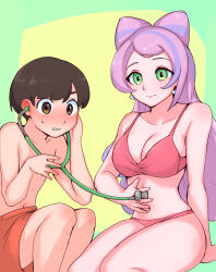 Rule 34 | 1boy, 1girl, arm support, bikini, blush, breasts, brown eyes, brown hair, cleavage, closed mouth, collarbone, commentary request, creatures (company), earrings, eyeshadow, florian (pokemon), game freak, green eyes, highres, holding, jewelry, knees, listening, long hair, makeup, male swimwear, medium breasts, meribe, miriam (pokemon), nintendo, parted lips, pink bikini, pokemon, pokemon sv, purple hair, short hair, sitting, smile, stethoscope, sweatdrop, swim trunks, swimsuit, topless male