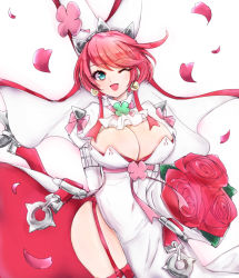 Rule 34 | 1girl, areola slip, breasts, chemaru (a8l), cleavage, clover, dress, earrings, elphelt valentine, flower, four-leaf clover, guilty gear, guilty gear xrd, jewelry, large breasts, one eye closed, petals, red flower, red hair, revision, rose, short hair, simple background, solo, white background, white dress