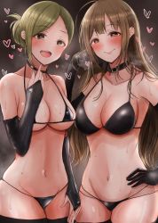 Rule 34 | 2girls, absurdres, black choker, black collar, black gloves, blush, breasts, bridal gauntlets, brown hair, choker, cleavage, closed mouth, collar, commentary request, elbow gloves, gloves, green hair, hand on own hip, heart, heart-shaped pupils, highres, idolmaster, idolmaster shiny colors, kuwayama chiyuki, large breasts, long hair, looking at viewer, mebunryo (mebunryo2), multiple girls, nanakusa hazuki, navel, open mouth, resolution mismatch, sideboob, smile, source smaller, symbol-shaped pupils, underboob