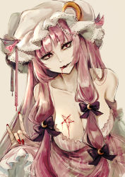 Rule 34 | 1girl, \m/, absurdres, bare shoulders, blood, bow, breasts, cleavage, collarbone, commentary request, crescent, crescent hair ornament, dress, hair bow, hair ornament, hat, head tilt, highres, huge filesize, kyogoku-uru, large breasts, licking lips, long hair, looking at viewer, mob cap, nail polish, patchouli knowledge, pentagram, purple bow, purple dress, purple eyes, purple hair, sidelocks, simple background, solo, tongue, tongue out, touhou