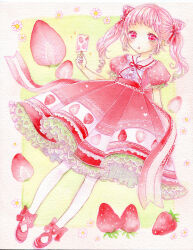 Rule 34 | 1girl, absurdres, amu (m aa), dress, flower, food, food print, frilled dress, frills, fruit, full body, highres, holding, holding food, holding popsicle, lolita fashion, marker (medium), open mouth, original, painting (medium), pantyhose, pink hair, popsicle, red dress, red footwear, red ribbon, ribbon, short sleeves, strawberry, strawberry print, strawberry slice, sweet lolita, traditional media, twintails, watercolor (medium), white flower, white pantyhose