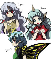 Rule 34 | 3girls, antennae, aqua hair, blue sleeves, blush stickers, brown eyes, butterfly wings, buttons, closed mouth, cloud print, curly hair, detached sleeves, dress, eternity larva, fairy, green dress, green eyes, green hair, hidden star in four seasons, holding, holding weapon, horns, insect wings, kariyushi shirt, komano aunn, leaf, leaf on head, long hair, multicolored clothes, multicolored dress, multiple girls, nata (tool), open mouth, red eyes, red shirt, sakata nemuno, shirt, short hair, simple background, single-shoulder dress, single horn, single strap, sketch, smile, syope, touhou, wavy hair, weapon, white background, white hair, wings, yellow dress