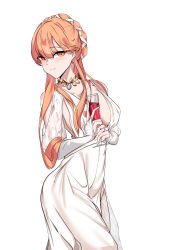 Rule 34 | 1girl, absurdres, bamul, blonde hair, blush, breasts, closed mouth, collarbone, cup, dress, drinking glass, earrings, elbow gloves, girls&#039; frontline, gloves, hair ornament, highres, holding, holding cup, jewelry, long hair, looking at viewer, medium breasts, necklace, official alternate costume, orange eyes, ots-14 (destined love) (girls&#039; frontline), ots-14 (girls&#039; frontline), solo, standing, wedding dress, white background, white dress, white gloves, wine glass